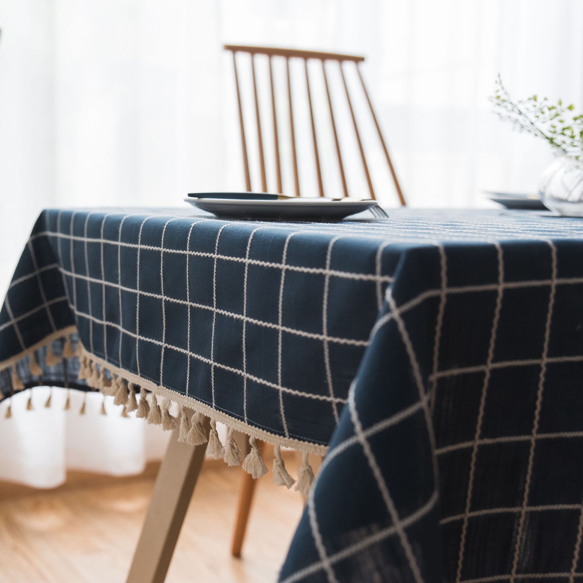 格子绣花简约桌布纯色棉麻小清新布艺流苏长方形茶几餐桌文艺