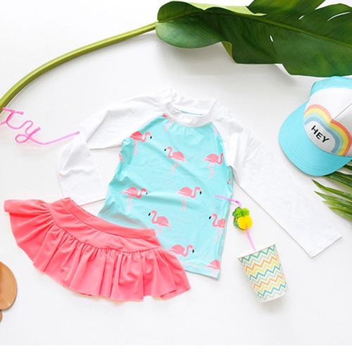 2020 New Girls Swimsuits for Big Children, Baby Children, Sun Protection Long Sleeve Girls Split Skirt Flamingo Swimsuit