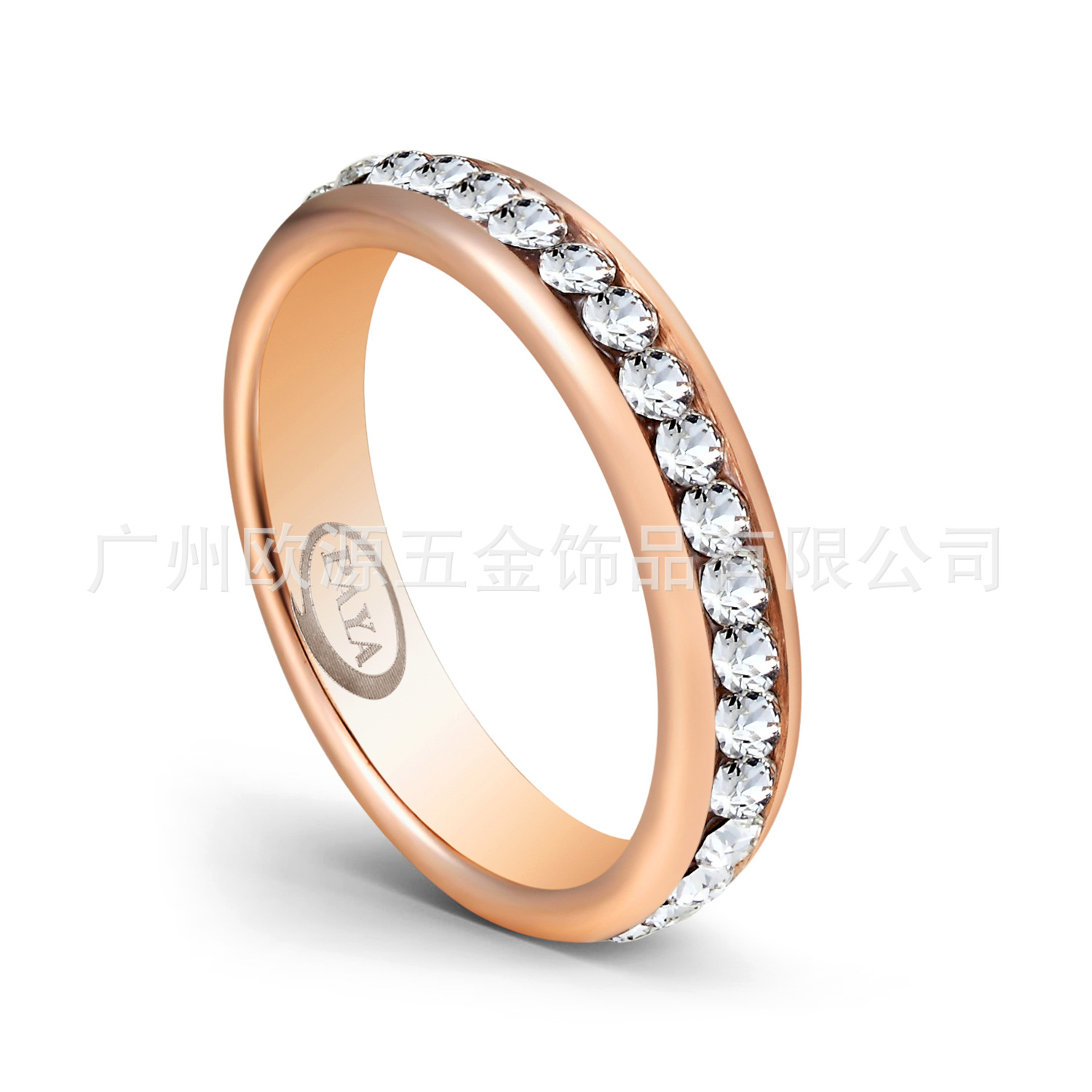 广州欧源工厂直销 新款玫瑰金单排水钻钨钢女士百搭戒指 情侣对戒