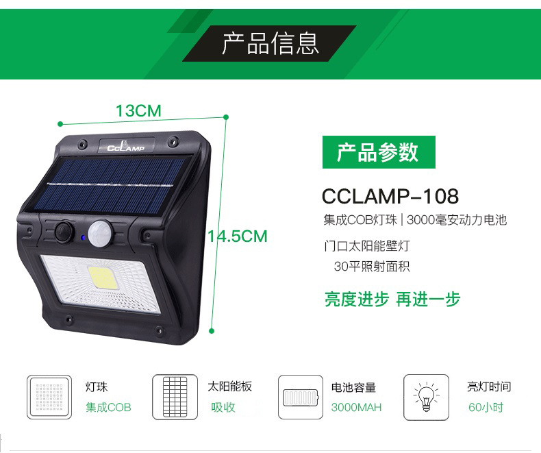 CCLAMP固禄德太阳能门头灯CL-108 光伏发电全年零电费COB灯芯防水详情图8