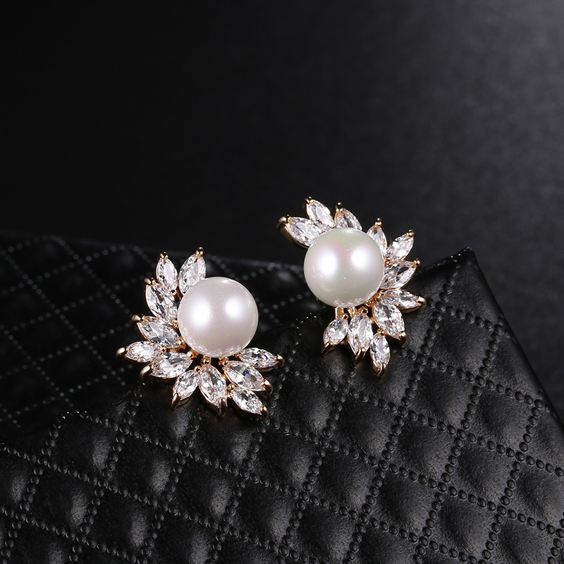 Flower Earrings Horse Eye Zircon Korean Fashion Pearl Earrings Jewelry Wholesalepicture2