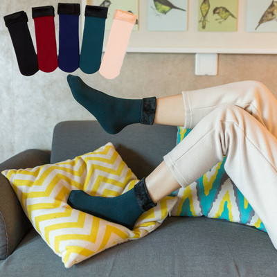 18冬季新款女士百搭仿锦纶加绒加厚雪地袜纯色地板袜子批发