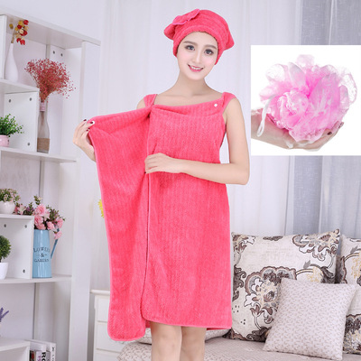 廠家直銷珊瑚絨可穿浴裙加浴帽套裝2洞百變浴巾送浴花包郵直播