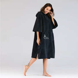 厂家春秋中袖浪人刺绣加大加厚黑色沙滩浴巾斗篷 BEACH ROBE