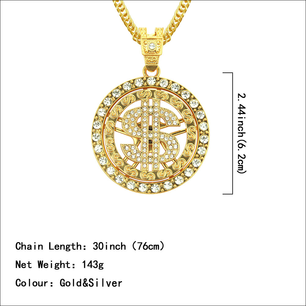 European And American Diamond-studded Rotating Dollar Rotatable Pendant Necklace display picture 3