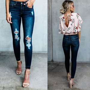 Europe slim sexy dark holes small trousers thin jeans long jeans