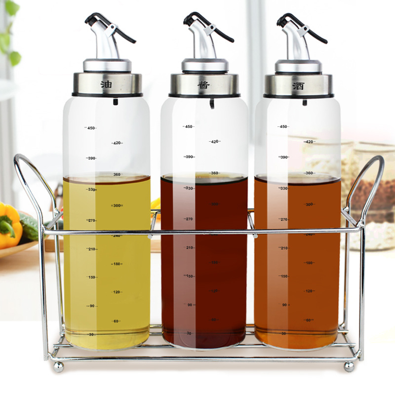 Engrasador de vidrio botella de aceite traje vinagre olla condimento caja condimento tarro hogar suministros de cocina con estante de almacenamiento
