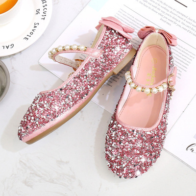 wholesale new pattern girl leather shoes 2021 Autumn and winter leisure time children bow Single shoes Korean Edition princess crystal Flat shoes