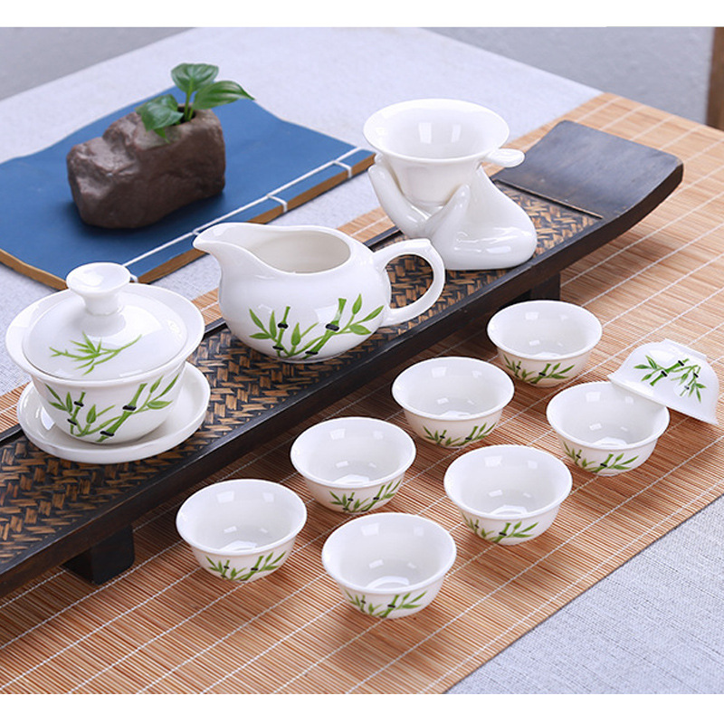 德化白瓷茶具套裝十頭功夫茶具陶瓷青花蓋碗茶杯品茗杯可定制LOGO