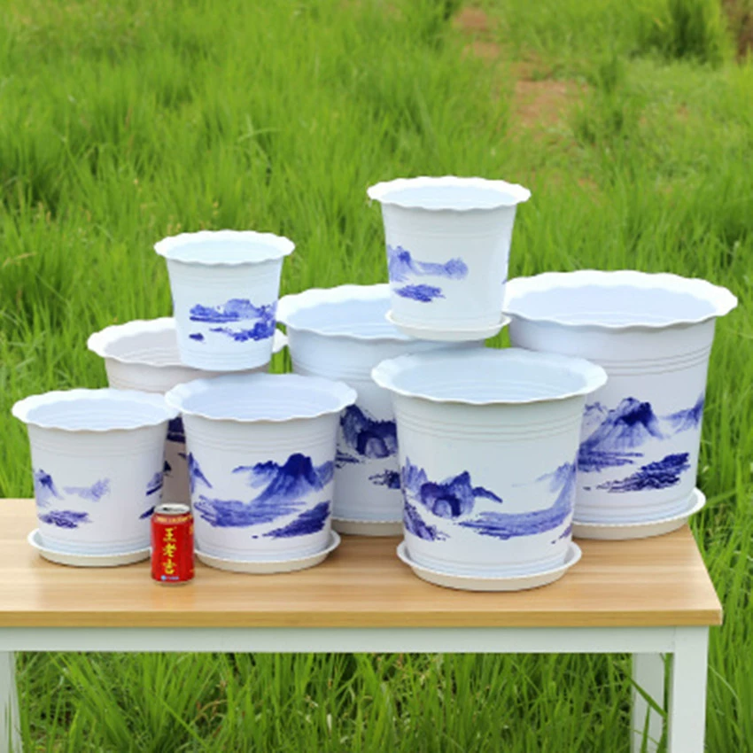 Пластиковый цветочный горшок для пейзажной живописи Утолщенная высота Пластиковый зеленый цветочный горшок Имитация керамического цветочного горшка Большой горшок для рассады с подносом