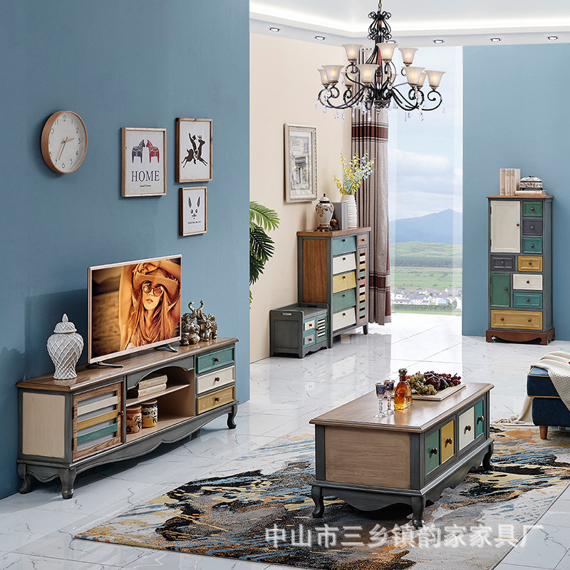 American style Mediterranean Sea TV cabinet tea table bedroom Coloured drawing TV cabinet combination a living room Retro TV cabinet solid wood