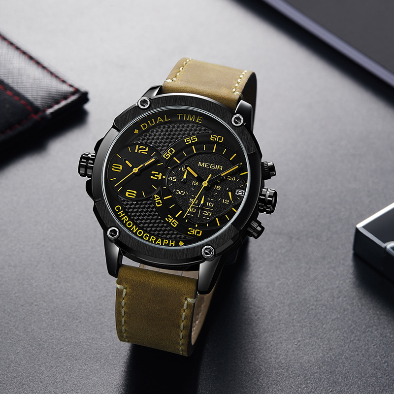 【新品-美格尔时尚双时区多功能计时石英男士手表】型号：2093G。