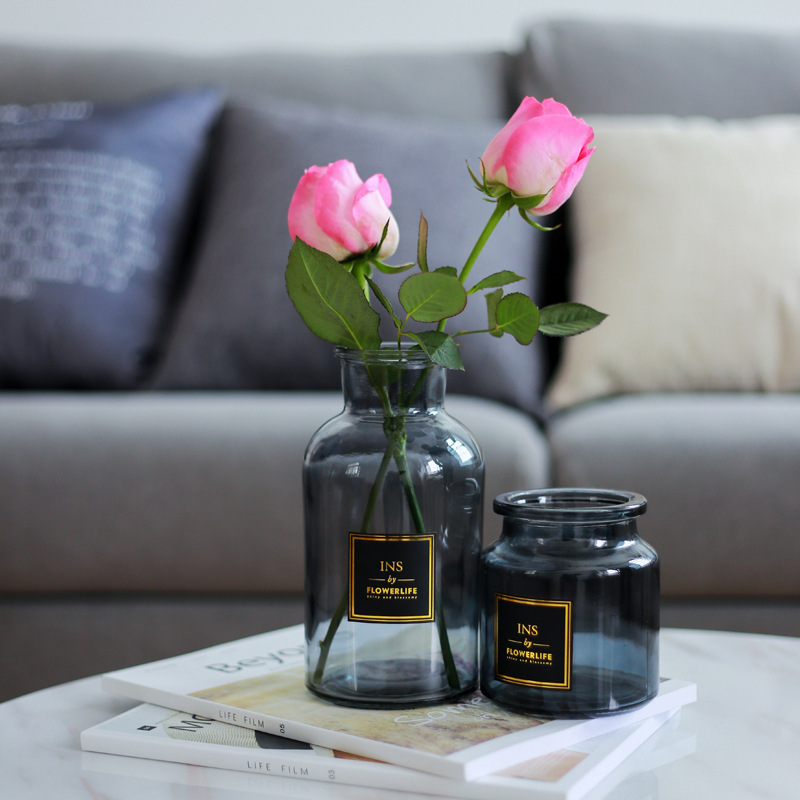 [Blue bright 9104 ]Northern Europe style grey Glass vase bedroom vase table Decoration mini Gold stickers