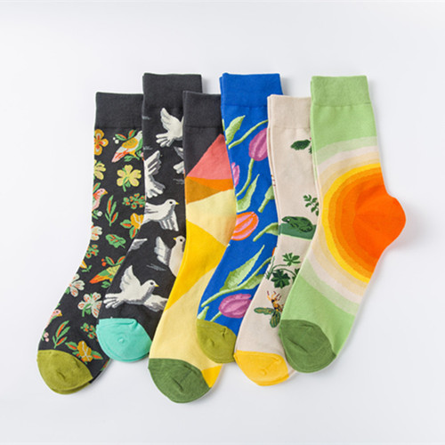 Cross-border fashionable colorful socks for men and women, casual flower and bird sketching series, wholesale socks without jams