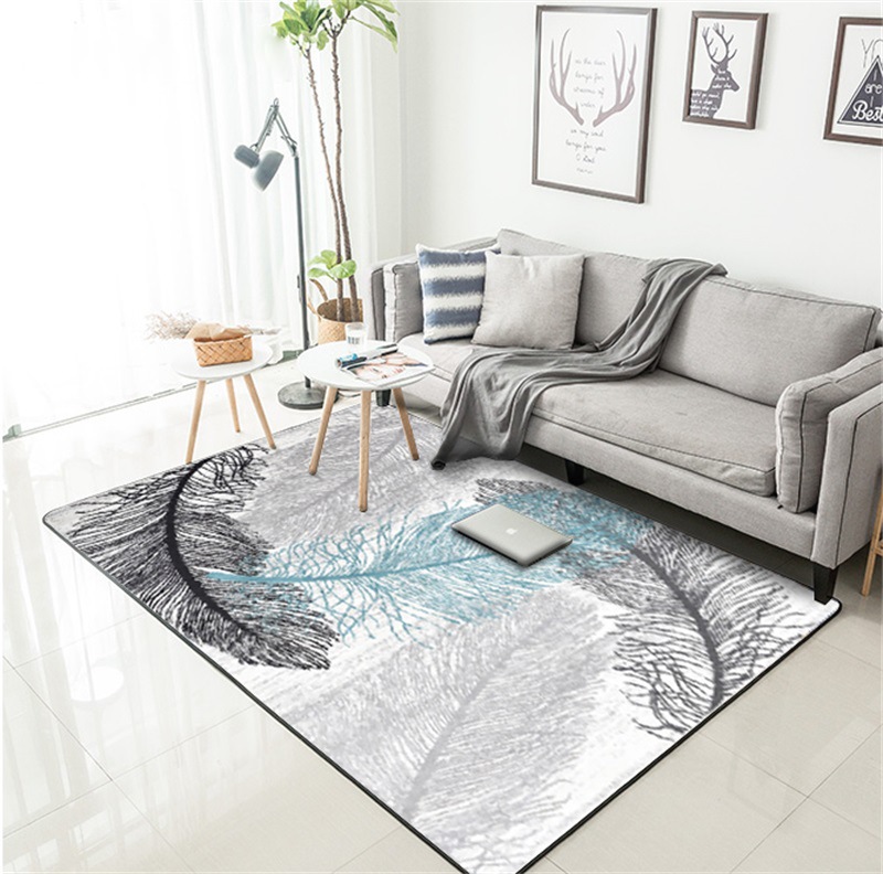 一件代发跨境时尚唯美抽象羽毛灰蓝白色卧室客厅厨房地垫地毯