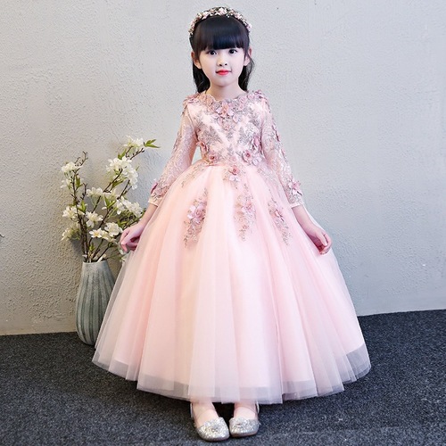Children dress princess dress girl long sleeve piano performance dress birthday evening dress flower wedding dress