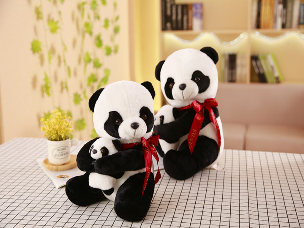 毛绒玩具熊猫公仔,熊猫抱抱熊,丝带亲子熊猫