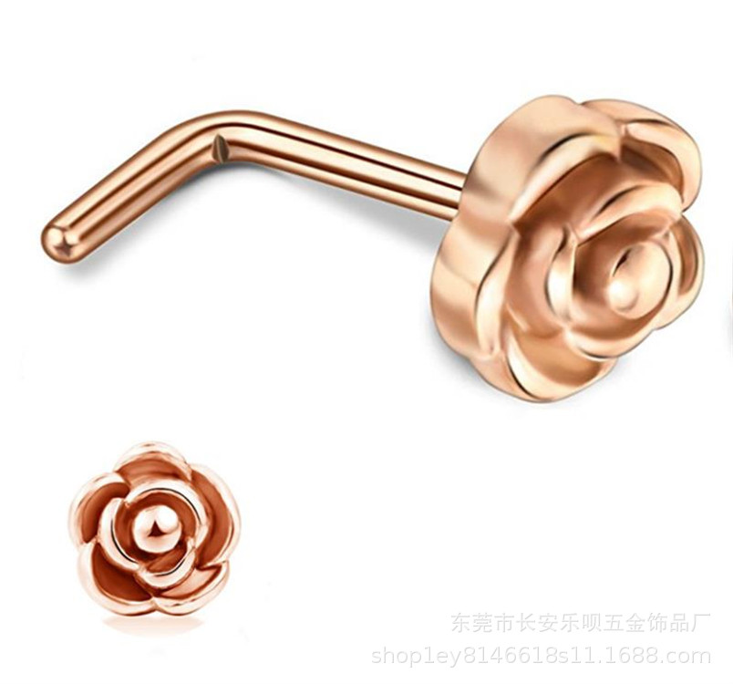 亚马逊款玫瑰花鼻钉 L型鼻钉个性弯杆不锈钢鼻饰人体穿刺饰品批发-阿里巴巴