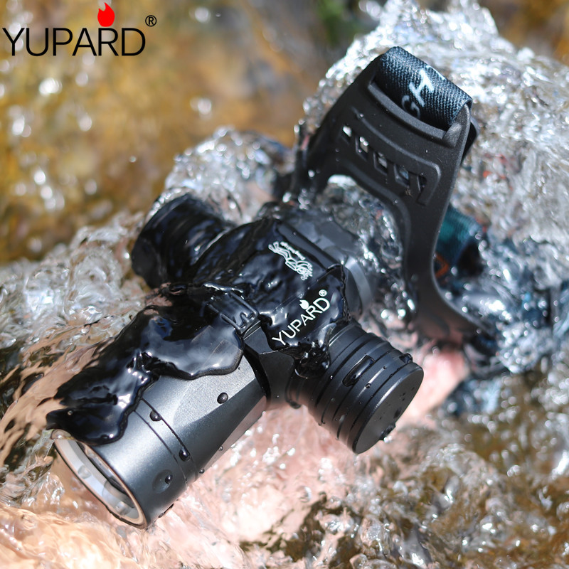 T6 LED潜水充电头灯强光水下防水远射补光黄光L2灯泡18650头灯