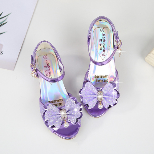 summer new Korean style princess crystal girls' high heels, students, medium and large children's fish mouth girls' sandals
