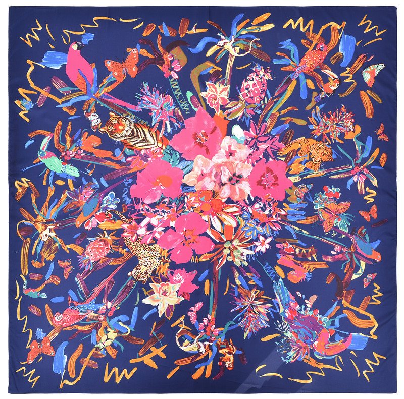 New Style 130cm Fashion Flowers Birds And Beasts Printed Silk Scarf display picture 7