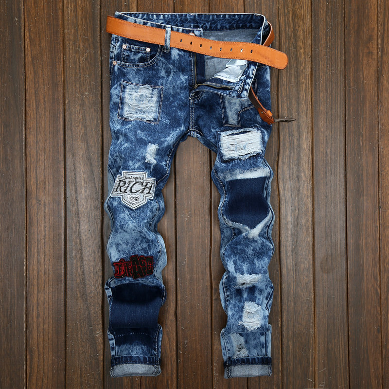 Ripped patch jeans men's snowflake washi...