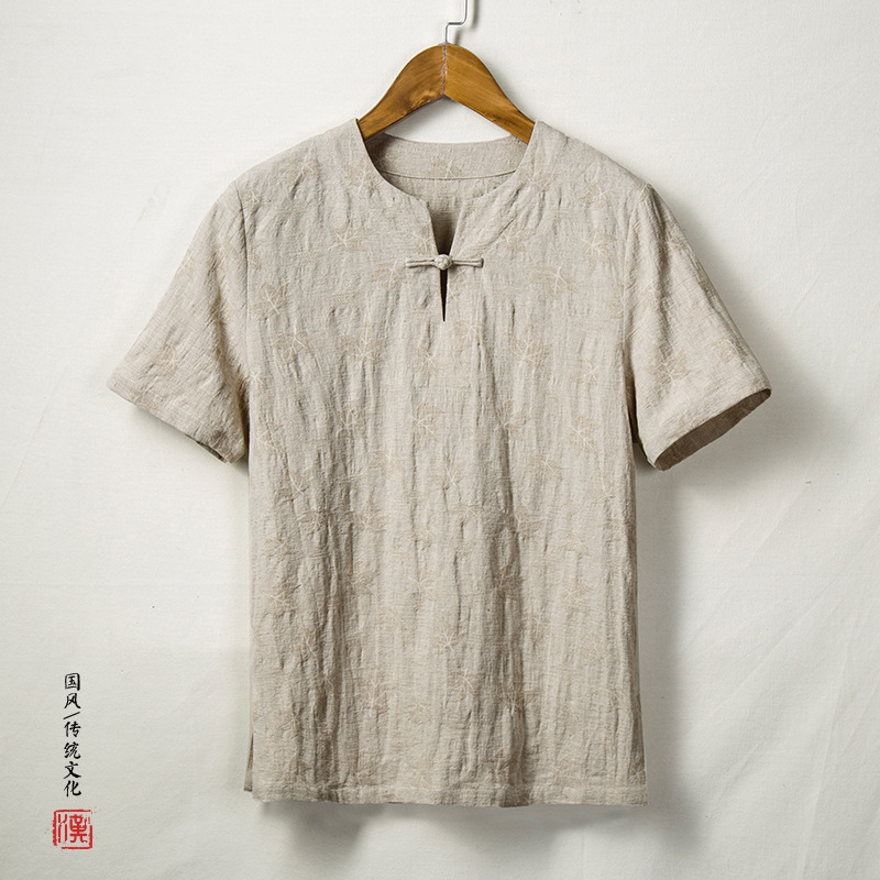 Chinese tang suit for Men linen jacquard men Short Sleeve T-Shirt