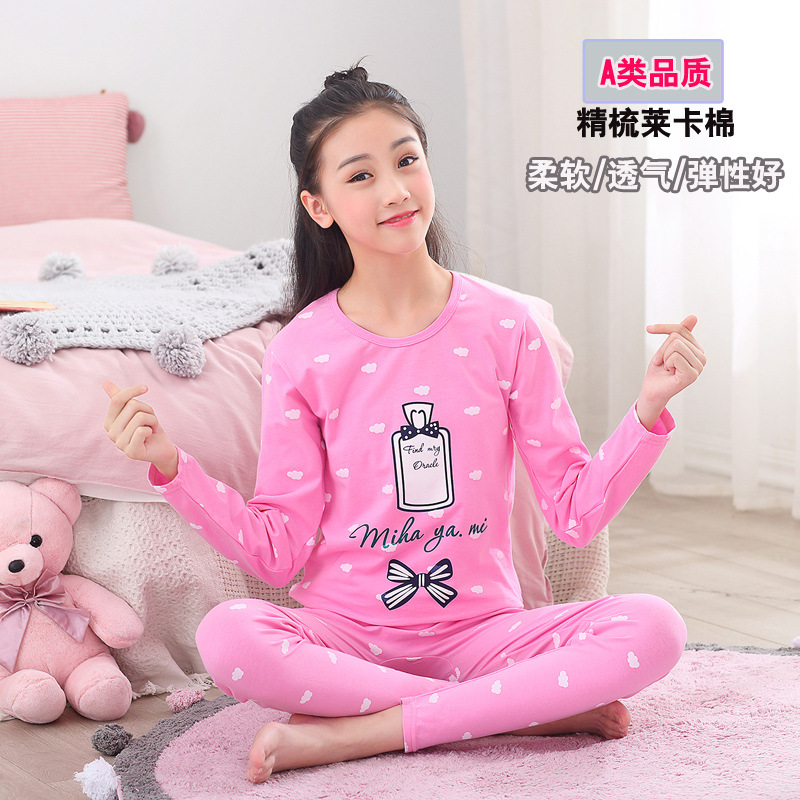 Clase A calidad delgada de la muchacha ropa interior conjunto medio y grande niños niñas lycra algodón otoño ropa pantalones largos conjunto algodón peinado