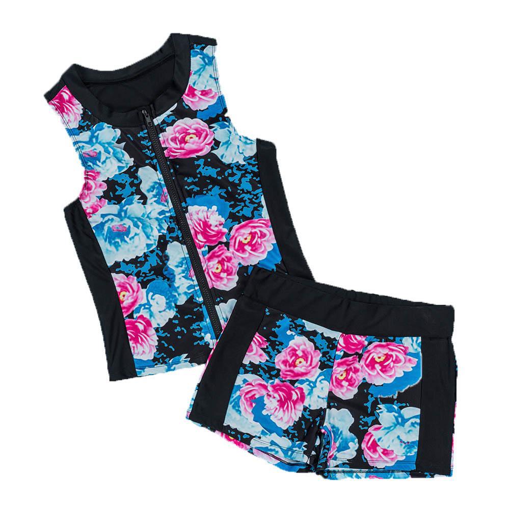 zipper flower print sleeveless high waist top and boxer swimsuit set NSYLH132746