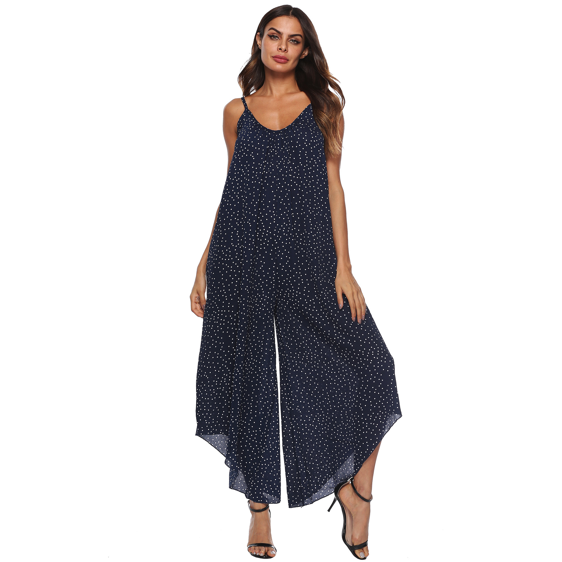 Plus Size Womens Polka Dot Asymmetrical Jumpsuit Loose Fit Wide Leg Spaghetti Straps Casual Summer Wear Wholesale