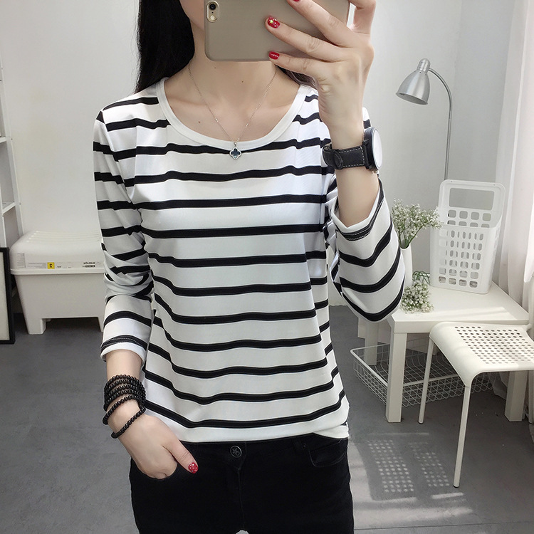 [Stock] Striped round neck long sleeve T-shirt women's slimming clothes on the summer slim-fit bottom shirt women's spring and autumn clothes outside to wear