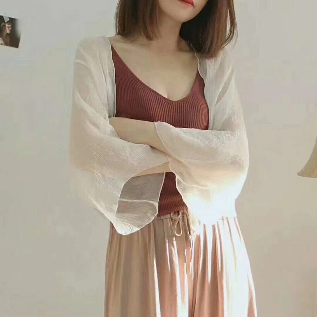 夏季网纱超薄外套透视雪纺喇叭袖开衫女夏防晒衣韩版百搭小披肩