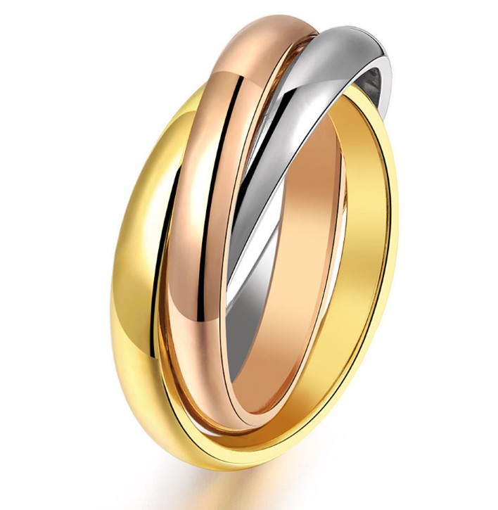 三环三色戒指 镀彩金玫瑰金戒指 韩版光面女士指环钛钢不褪色戒指