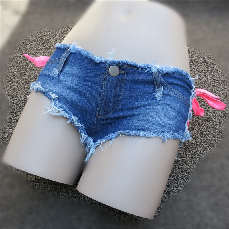 Sexy Ultra-Low Waisted Denim Shorts Side Slit Pink Rope Strap Super Shorts Nightclub Pole Dance Spice Girl Outfit Sexy Ultra-Low Waisted Denim Shorts Side Slit Pink Rope Strap Super Shorts Nightclub Pole Dance Spice Girl Outfit