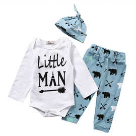 0-2岁哈衣三件套 外贸爆款 Little Man字母+北极熊印花裤子套装