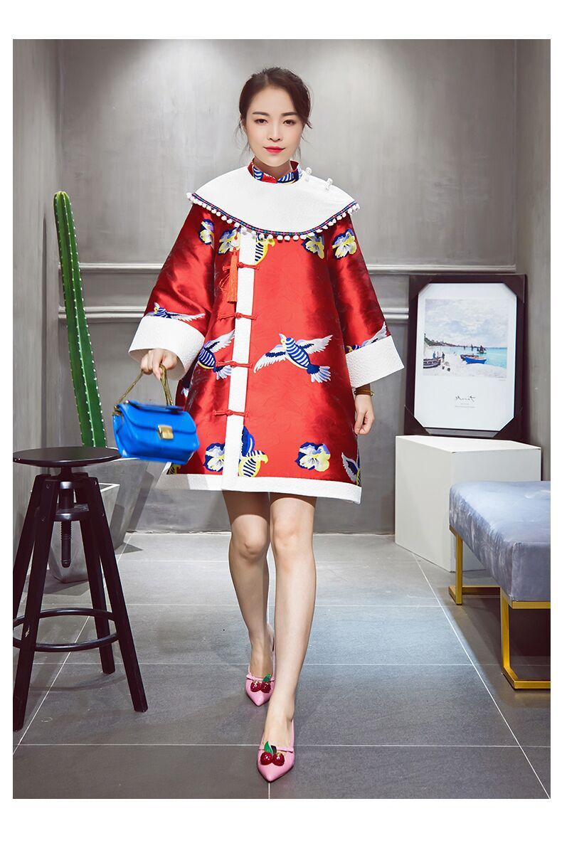 2018优雅春夏早秋款小清新红色小鸟旗袍连衣群提花时装面料513
