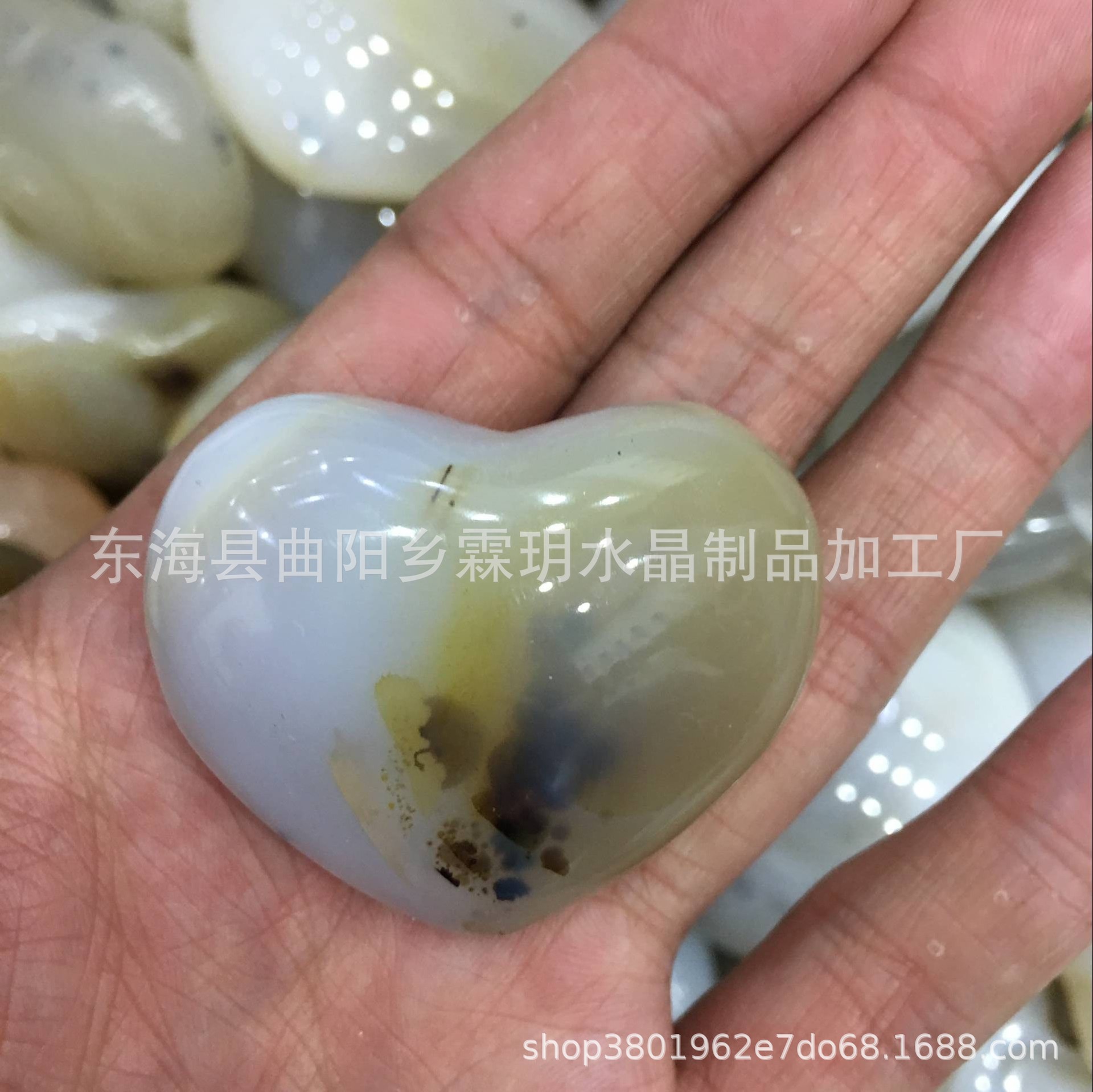 天然水草玛瑙心形把玩 海洋玉髓手把件 摆件吊坠  原色白纹玛瑙