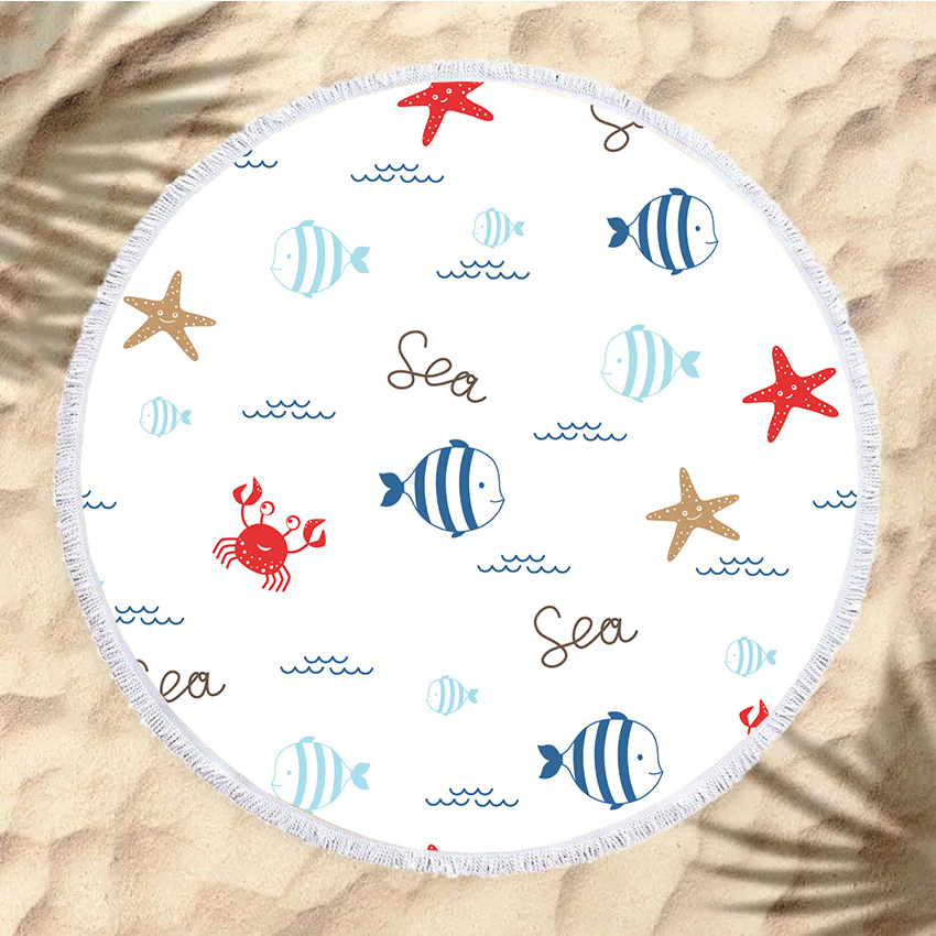 厂家直销150*150CM圆形沙滩巾超细纤维数码印花海星图案野餐垫|ru