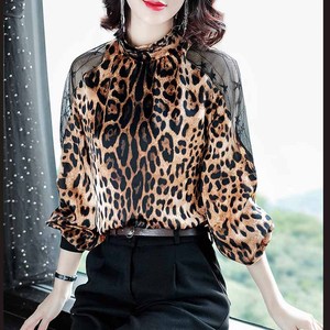 leopard-print shirt Spring new top lace stitching shoulder Pullover