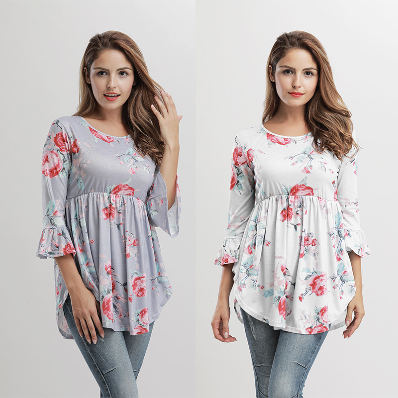 Floral Print Doll Top Sexy Design Three Quarter Bell Sleeves Round Neck Autumn Fashion Wholesale Available
