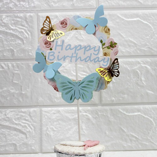 Beautiful cake decoration pink blue three-dimensional butterfly happy birthday love wedding dessert table plug-in