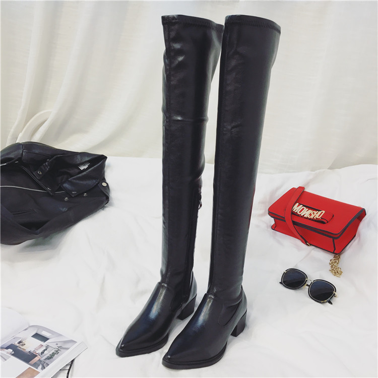 over-the-knee pointed elastic leather boots  NSHU37143