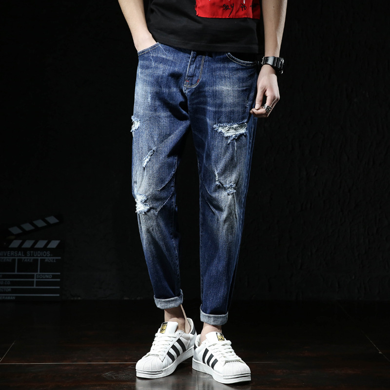 2024 New Mid-Waist Ripped Harem Pants Stretchy Washed Cropped Pants Summer Plus Size Men's Light-Colored Jeans Trendy Men's Wear