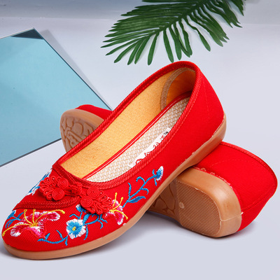 春夏秋新款正版薄底繡花布鞋婚鞋民族風牛筋底廣場舞女鞋壹件代發