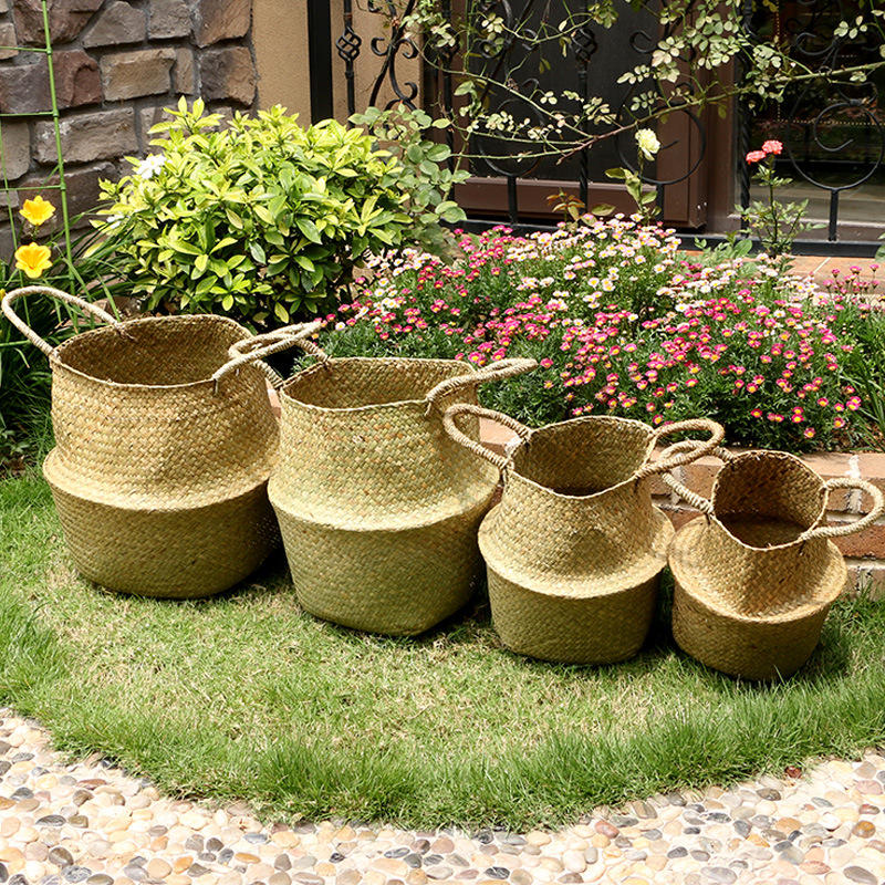 厂家直销欧式草编折叠花篮盆栽绿植花篮双把提篮超市购物收纳篮