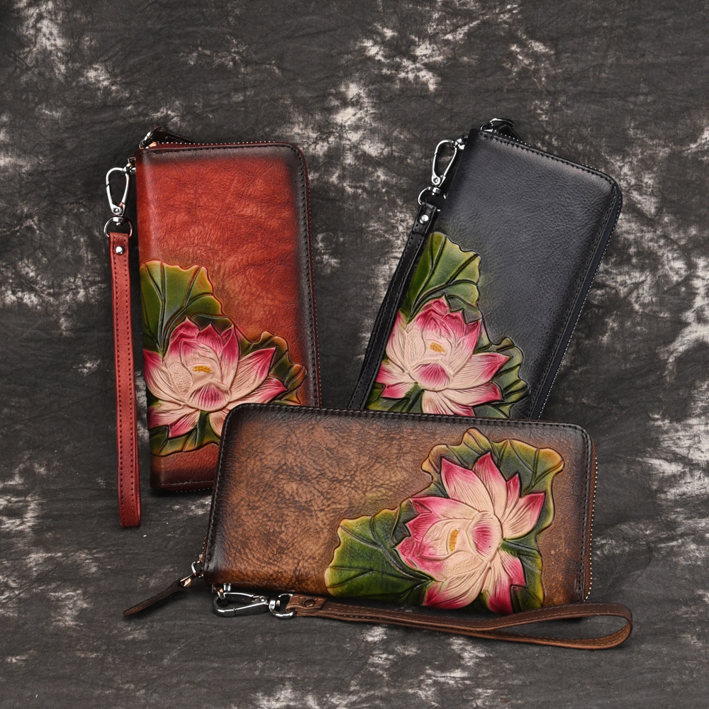 New Tree High Leather Wallet Handmade Colored Fashionable Handheld Headband Layer Cowhide Zipper Bag Handbag_voghion.com