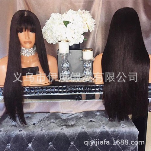 European and American wigs, African air bangs, long straight hair, simulated scalp, chemical fiber high temperature silk headgear, foreign trade black hairstyle