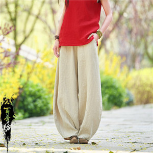 Women Cotton linen Zen retro washed bloomers trousers taichi kungfu practice exercises loose long pants for lady