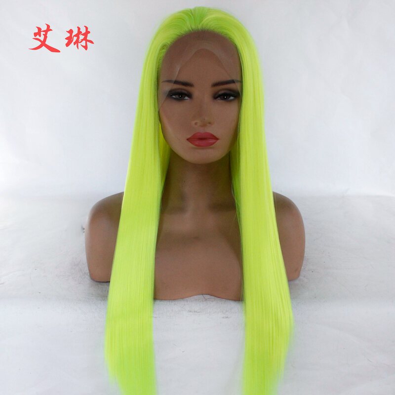 European and American wig ladies fluorescent green free straight hair chemical fiber front lace headgear half hand hook wig factory wholesale European and American wig ladies fluorescent green free straight hair chemical fiber front lace headgear half hand hook wig factory wholesale
