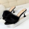 Korean fashion elegant half slippers， Rhinestone thin heel， high heel， hairy rabbit hair， one line slippers